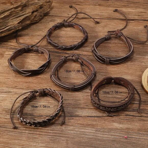 6pcs Vintage Style Braided Bracelet Set, PU Leather - Picture 3 of 4